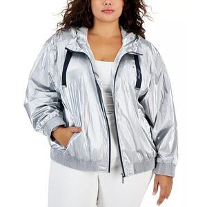 Tommy Hilfiger Hooded Jacket Womens‎ 1X Silver Metallic Bomber Windbreaker NWT